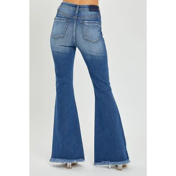 RISEN High Rise Front Slit Frayed Hem Distressed Dark Wash Flare Denim Jeans